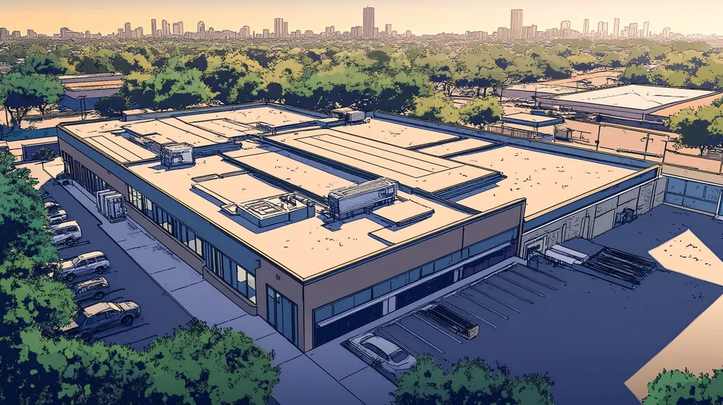 A commercial roof on a mid-rise in a location similar to Houston with a comic book style aesthetic (AI image)