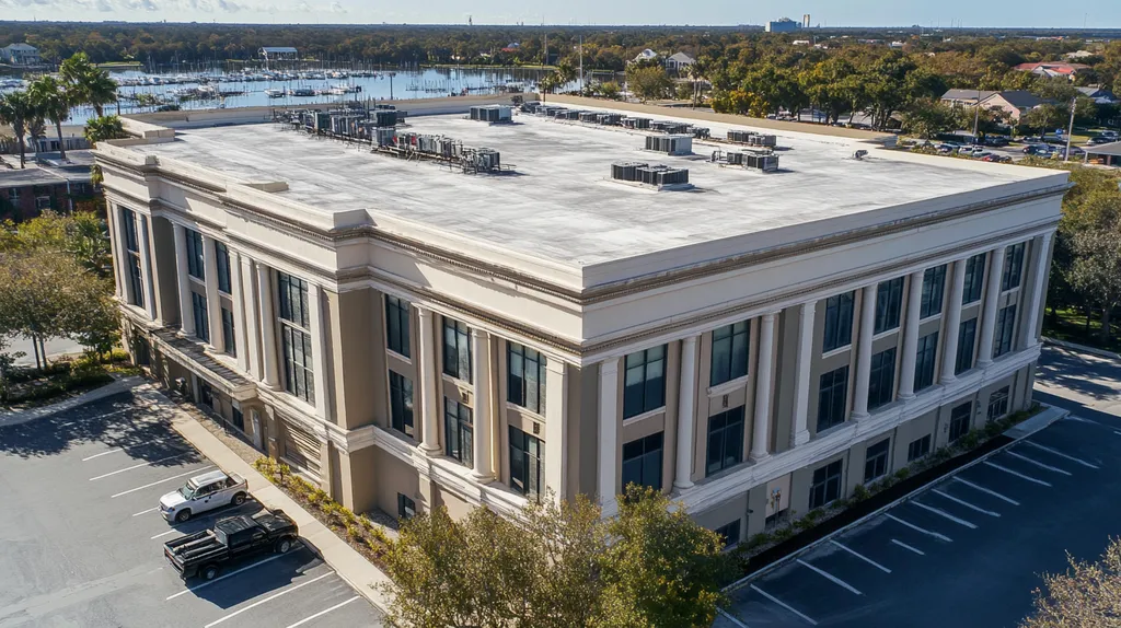 A commercial roof on a mid-rise in a location similar to Jacksonville with a charcoal sketch aesthetic (AI image)