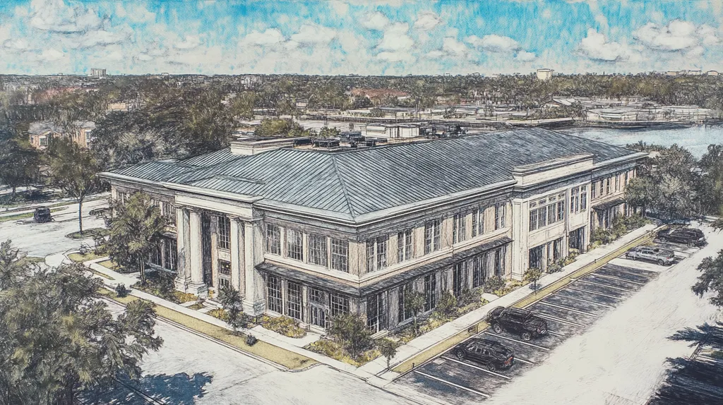 A commercial roof on a mid-rise in a location similar to Jacksonville with a charcoal sketch aesthetic (AI image)