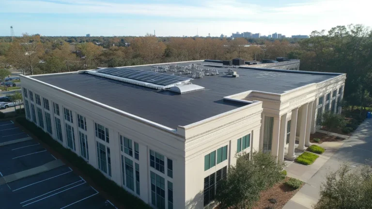 A commercial roof on a mid-rise building in a location similar to Jacksonville with a color highlight aesthetic (AI image)