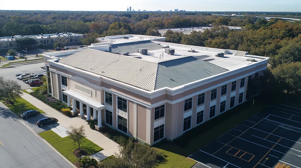 A commercial roof on a mid-rise building in a location similar to Jacksonville with a color highlight aesthetic (AI image)