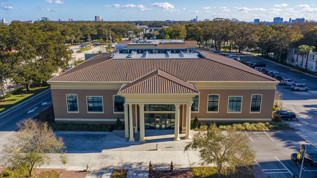 A commercial roof on a mid-rise in a location similar to Jacksonville with a color highlight aesthetic (AI image)