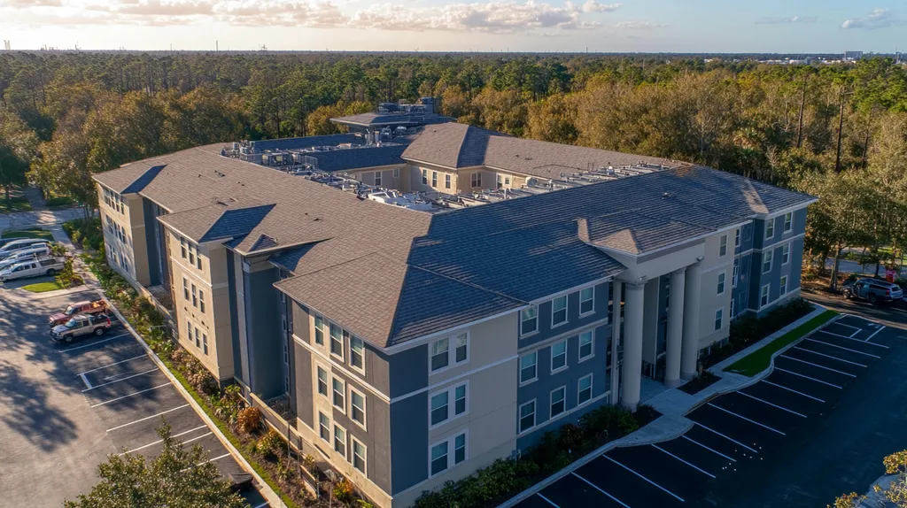 A commercial roof on a mid-rise in a location similar to Jacksonville with a cross-processed look aesthetic (AI image)
