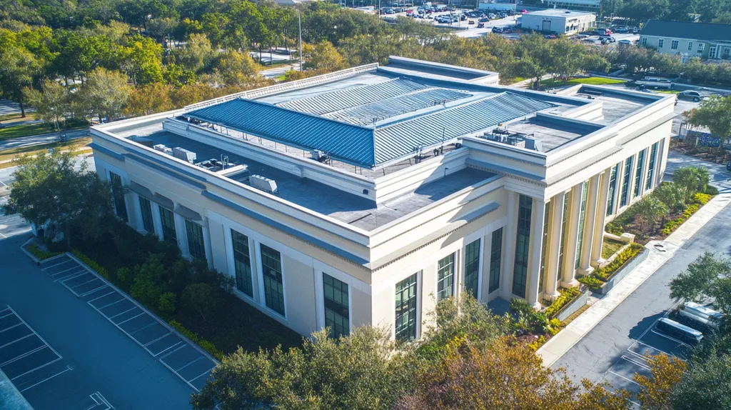 A commercial roof on a mid-rise in a location similar to Jacksonville with a cross-processed look aesthetic (AI image)