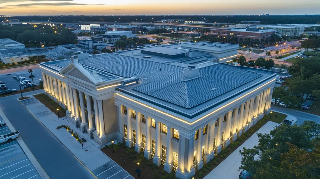 A commercial roof on a mid-rise building in a location similar to Jacksonville with an illuminated nightscape aesthetic (AI image)