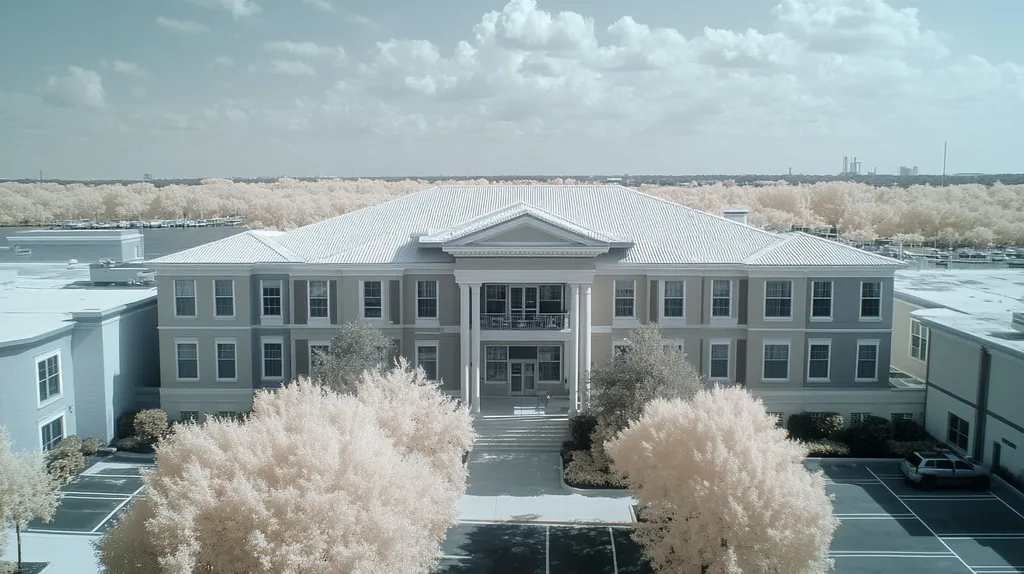 A commercial roof on a mid-rise building in a location similar to Jacksonville with an infrared photography aesthetic (AI image)