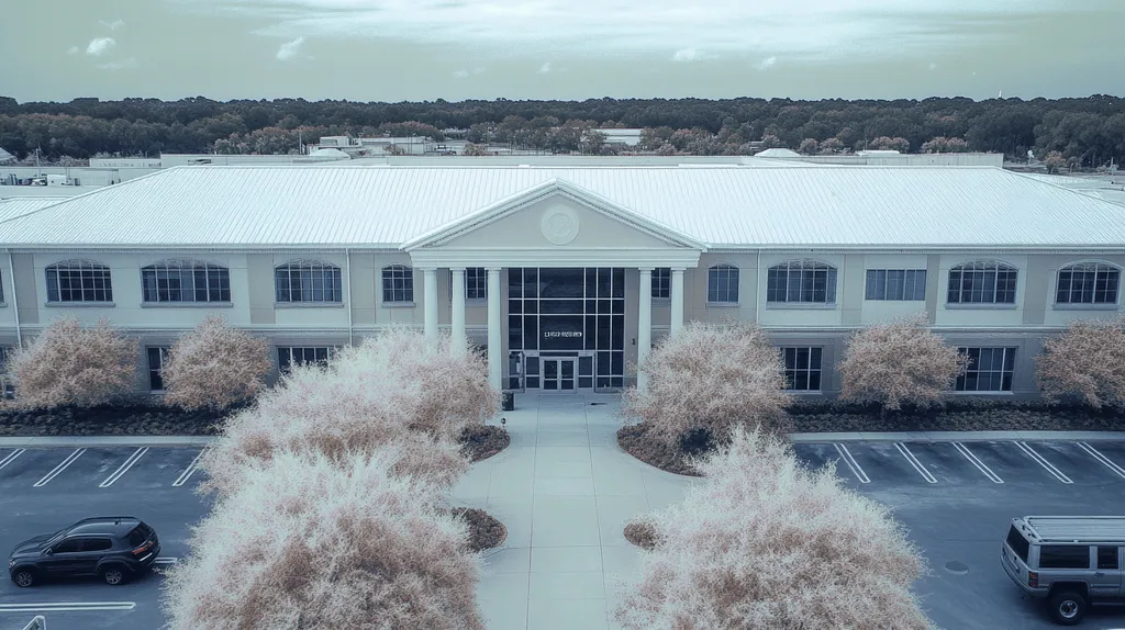 A commercial roof on a mid-rise in a location similar to Jacksonville with an infrared photography aesthetic (AI image)