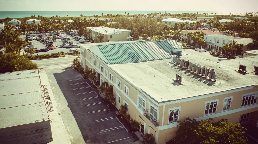A commercial roof on a mid-rise in a location similar to Key West with a Polaroid aesthetic (AI image)