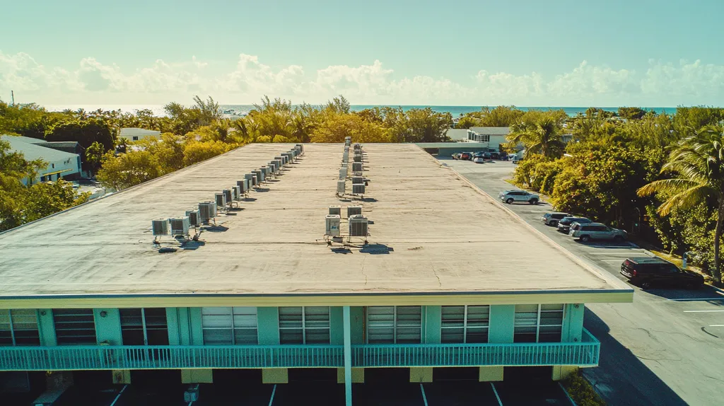 A commercial roof on a mid-rise in a location similar to Key West with a Polaroid aesthetic (AI image)