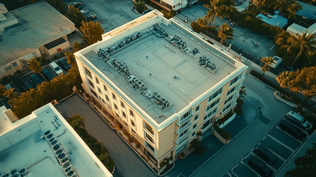 A commercial roof on a mid-rise in a location similar to Key West with a Polaroid aesthetic (AI image)