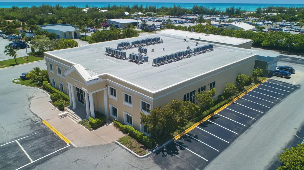 A commercial roof on a mid-rise in a location similar to Key West with a Polaroid aesthetic (AI image)