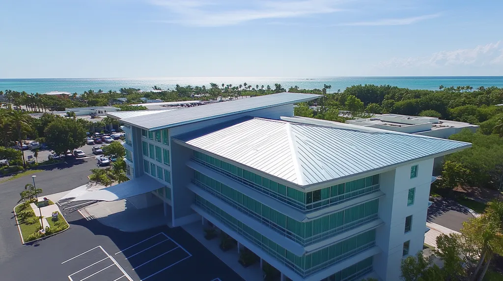 A commercial roof on a mid-rise in a location similar to Key West with a futuristic aesthetic (AI image)