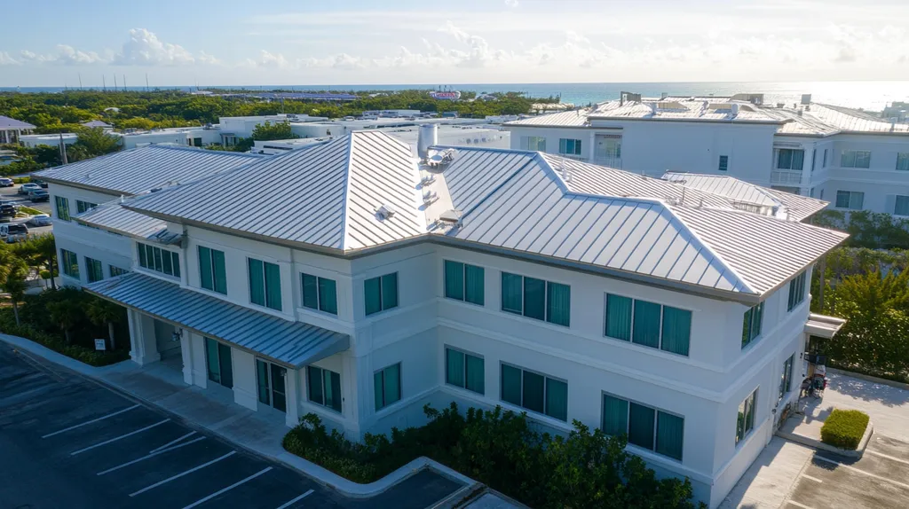A commercial roof on a mid-rise in a location similar to Key West with a futuristic aesthetic (AI image)