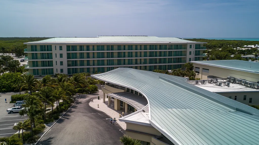 A commercial roof on a mid-rise in a location similar to Key West with a futuristic aesthetic (AI image)