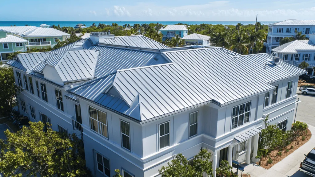 A commercial roof on a mid-rise in a location similar to Key West with a stainless steel aesthetic (AI image)