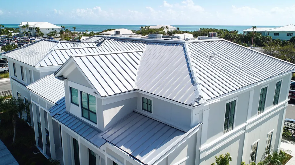 A commercial roof on a mid-rise in a location similar to Key West with a stainless steel aesthetic (AI image)
