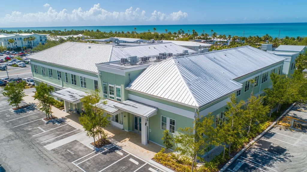 A commercial roof on a mid-rise in a location similar to Key West with a stainless steel aesthetic (AI image)