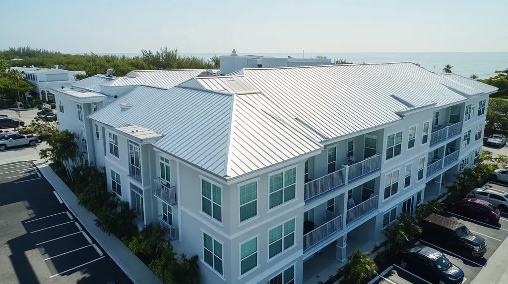 A commercial roof on a mid-rise in a location similar to Key West with a stainless steel aesthetic (AI image)