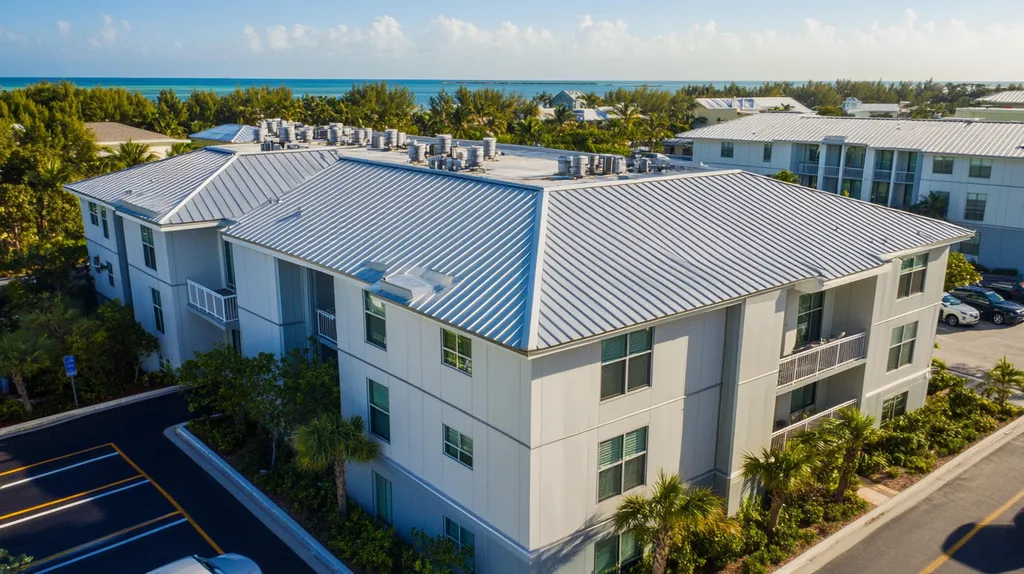 A commercial roof on a mid-rise building in a location similar to Key West with a stainless steel aesthetic (AI image)