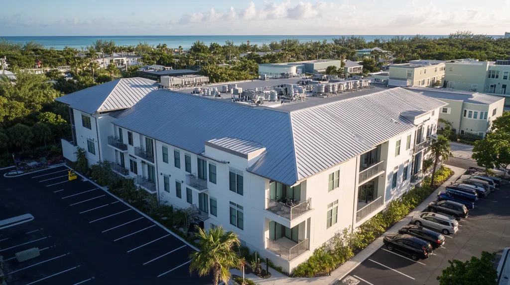 A commercial roof on a mid-rise in a location similar to Key West with a stainless steel aesthetic (AI image)