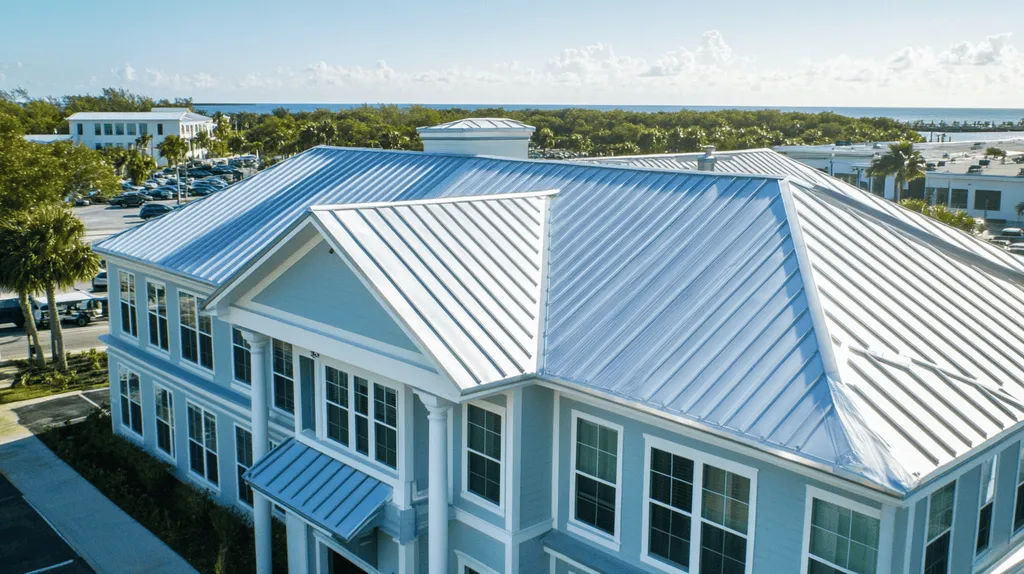 A commercial roof on a mid-rise in a location similar to Key West with a stainless steel aesthetic (AI image)
