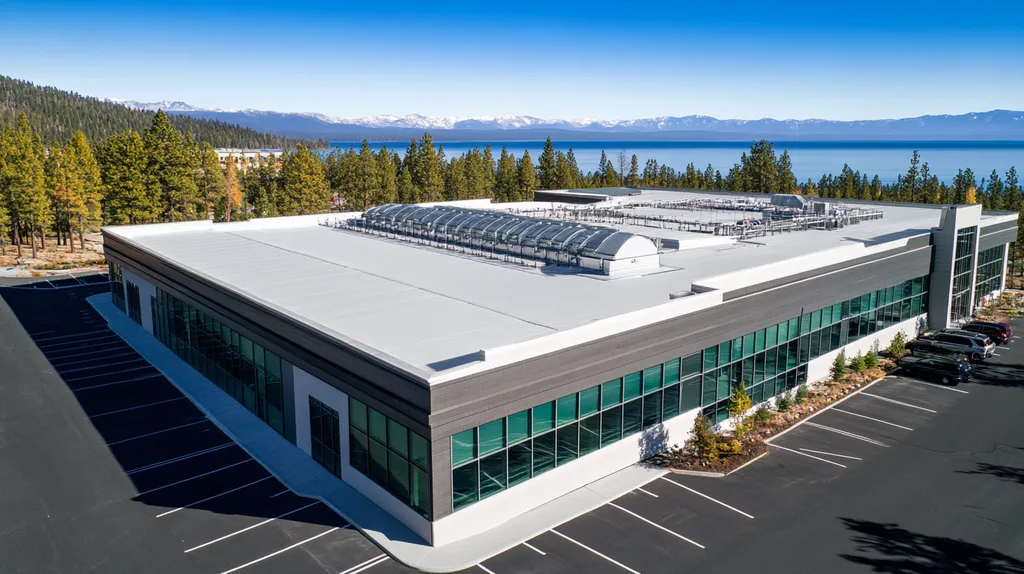 A commercial roof on a mid-rise in a location similar to Lake Tahoe with an architectural photography aesthetic (AI image)