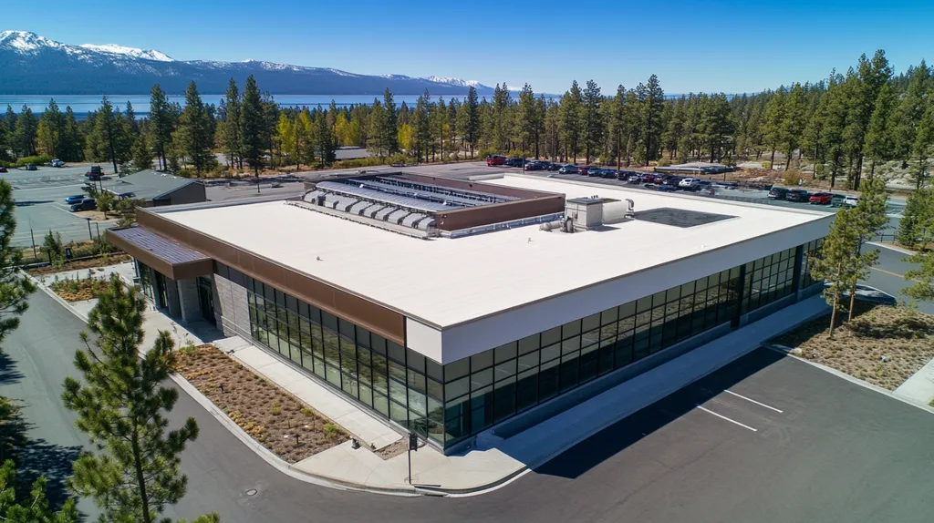 A commercial roof on a mid-rise building in a location similar to Lake Tahoe with an architectural photography aesthetic (AI image)