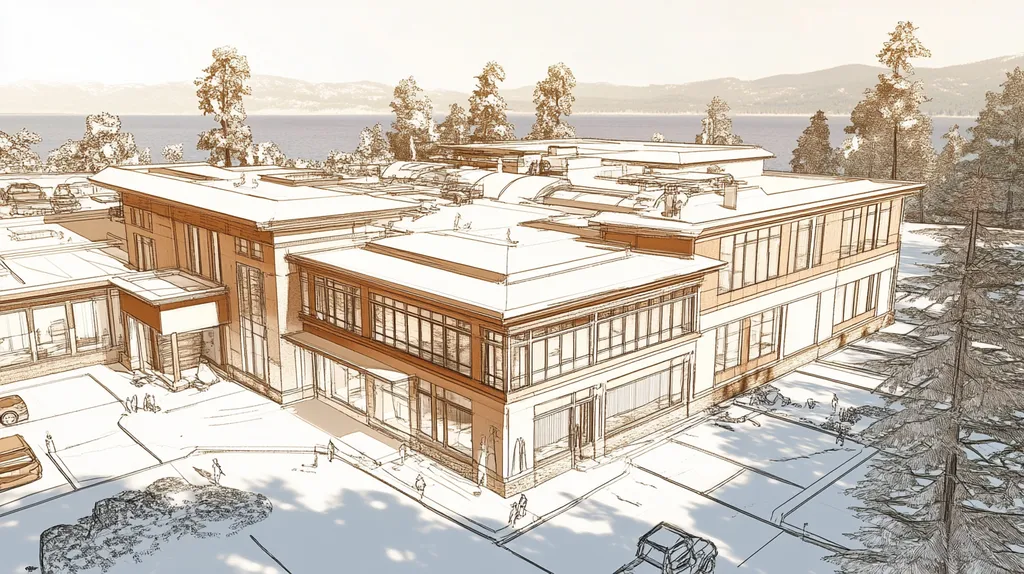 A commercial roof on a mid-rise in a location similar to Lake Tahoe with an architectural sketch rendering aesthetic (AI image)