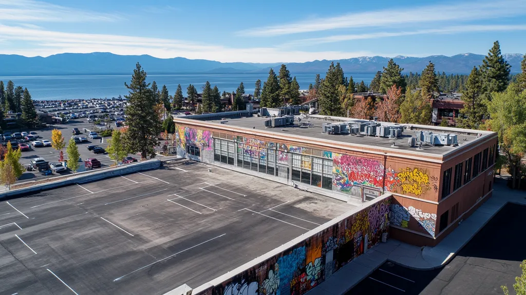A commercial roof on a mid-rise in a location similar to Lake Tahoe with a graffiti mural aesthetic (AI image)