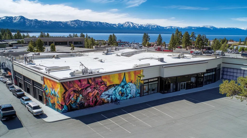 A commercial roof on a mid-rise in a location similar to Lake Tahoe with a graffiti mural aesthetic (AI image)