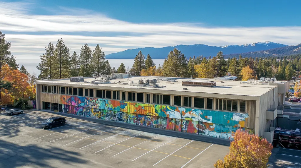 A commercial roof on a mid-rise in a location similar to Lake Tahoe with a graffiti mural aesthetic (AI image)