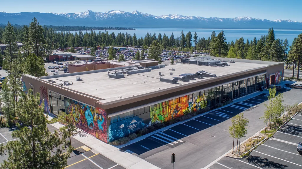 A commercial roof on a mid-rise in a location similar to Lake Tahoe with a graffiti mural aesthetic (AI image)