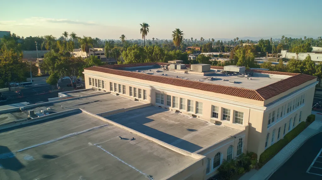 A commercial roof on a mid-rise in a location similar to Los Angeles with a Polaroid aesthetic (AI image)