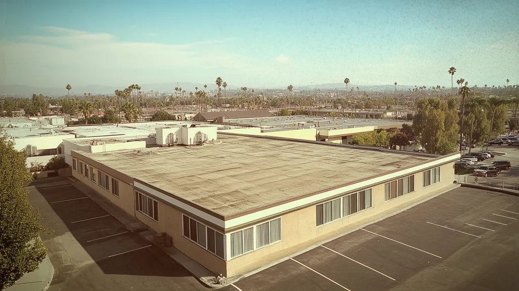 A commercial roof on a mid-rise in a location similar to Los Angeles with a Polaroid aesthetic (AI image)