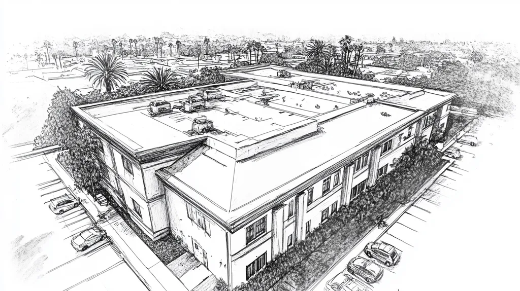 A commercial roof on a mid-rise building in a location similar to Los Angeles with a charcoal sketch aesthetic (AI image)