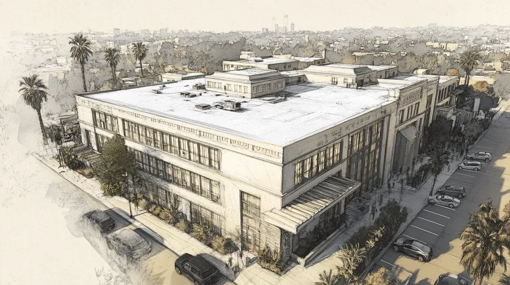 A commercial roof on a mid-rise in a location similar to Los Angeles with a charcoal sketch aesthetic (AI image)