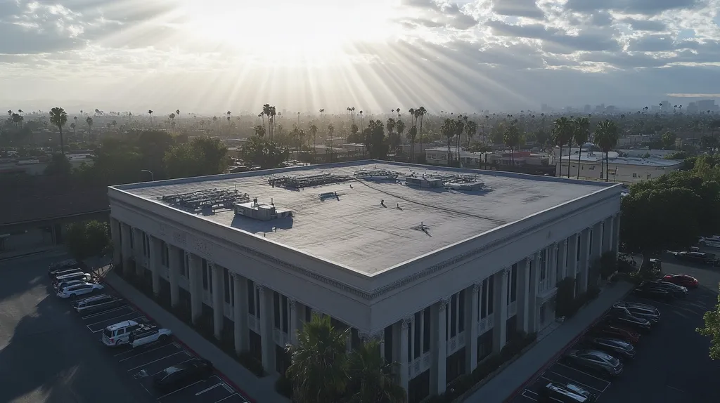 A commercial roof on a mid-rise in a location similar to Los Angeles with a light beams aesthetic (AI image)