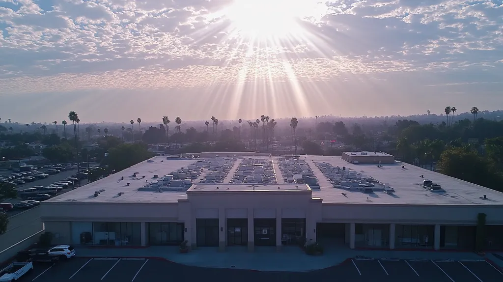 A commercial roof on a mid-rise building in a location similar to Los Angeles with a light beams aesthetic (AI image)