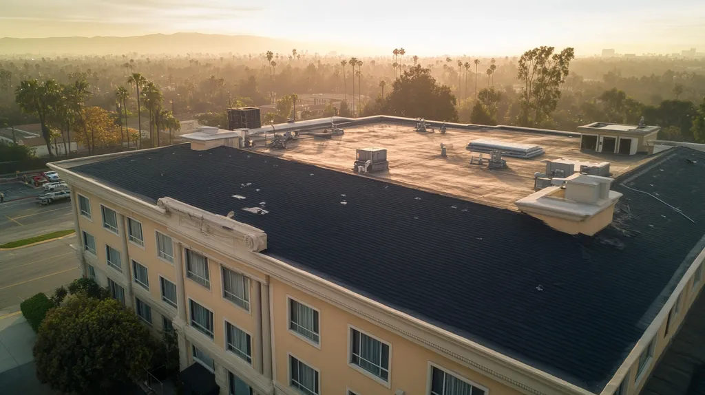 A commercial roof on a mid-rise in a location similar to Los Angeles with a light beams aesthetic (AI image)