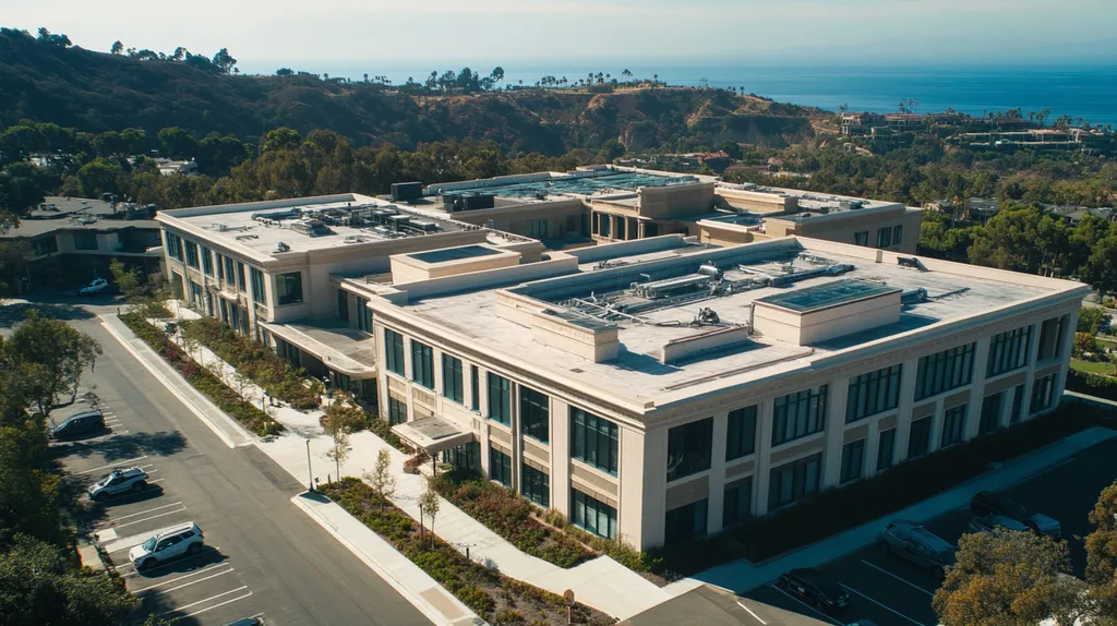 A commercial roof on a mid-rise in a location similar to Malibu with a cross-processed look aesthetic (AI image)