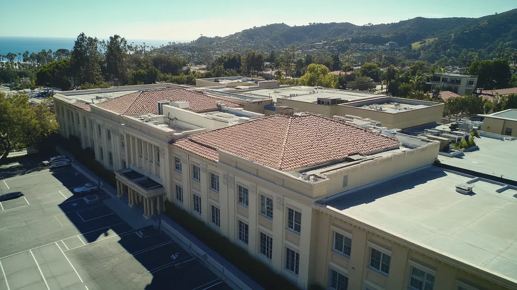 A commercial roof on a mid-rise in a location similar to Malibu with a cross-processed look aesthetic (AI image)