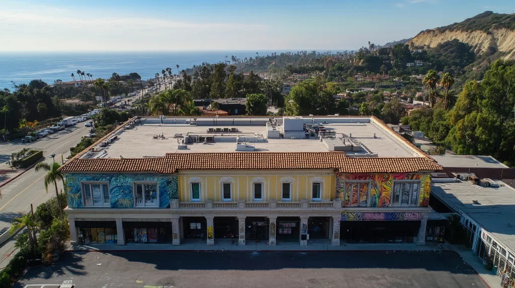 A commercial roof on a mid-rise in a location similar to Malibu with a graffiti mural aesthetic (AI image)
