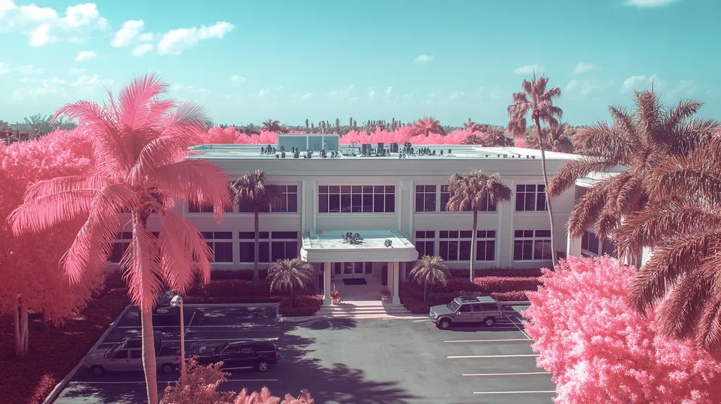 A commercial roof on a mid-rise in a location similar to Miami with an infrared photography aesthetic (AI image)