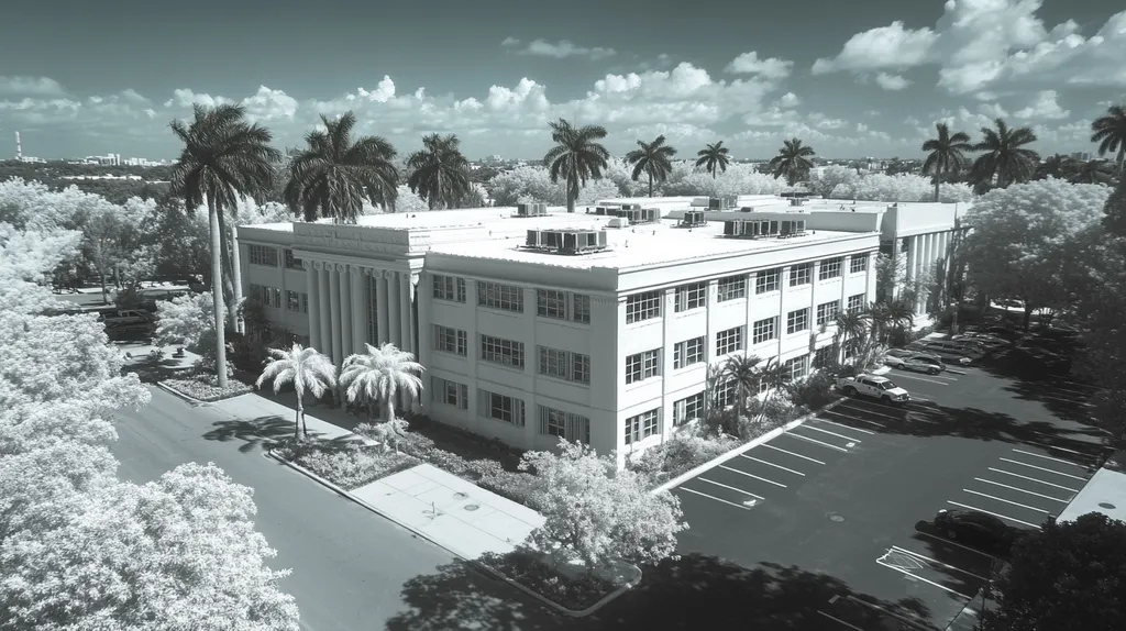 A commercial roof on a mid-rise in a location similar to Miami with an infrared photography aesthetic (AI image)