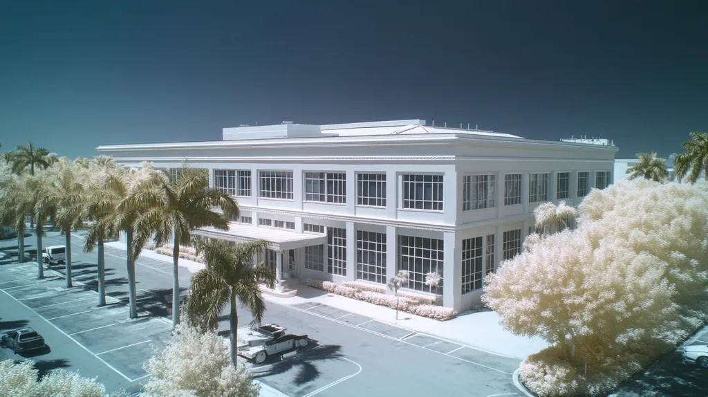 A commercial roof on a mid-rise building in a location similar to Miami with an infrared photography aesthetic (AI image)