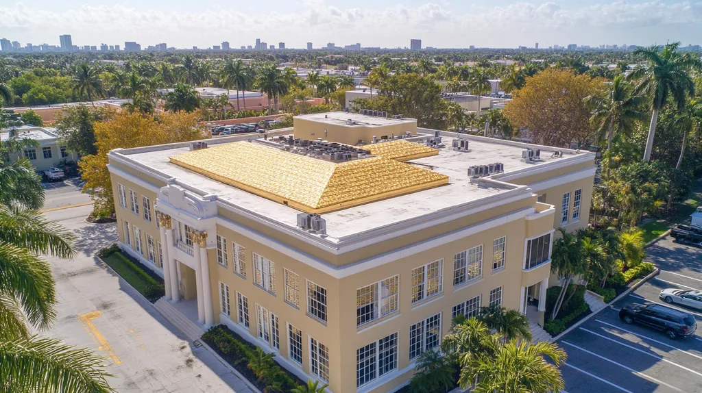 A commercial roof on a mid-rise in a location similar to Miami with a solid gold aesthetic (AI image)