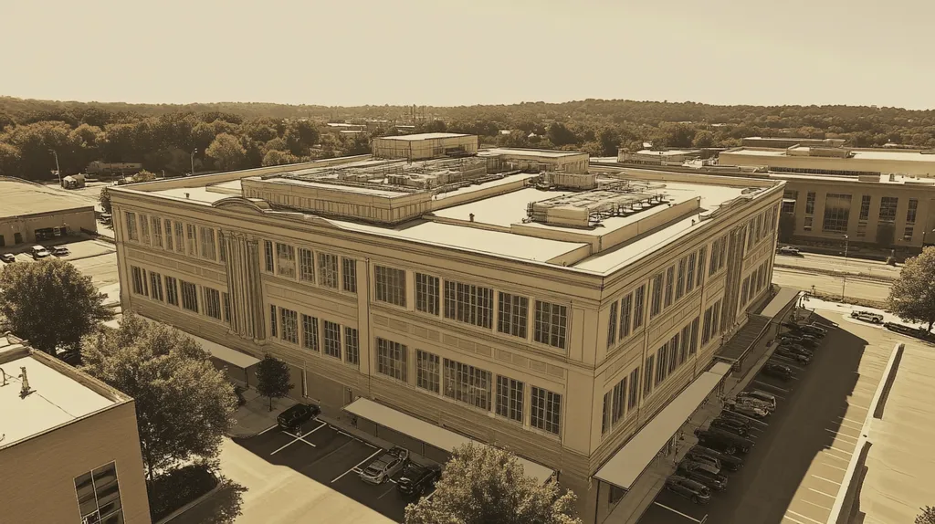 A commercial roof on a mid-rise in a location similar to Nashville with an architectural sketch rendering aesthetic (AI image)