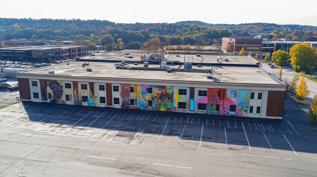 A commercial roof on a mid-rise in a location similar to Nashville with a graffiti mural aesthetic (AI image)