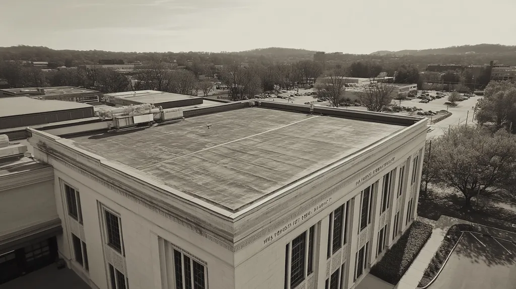 A commercial roof on a mid-rise in a location similar to Nashville with a tintype aesthetic (AI image)