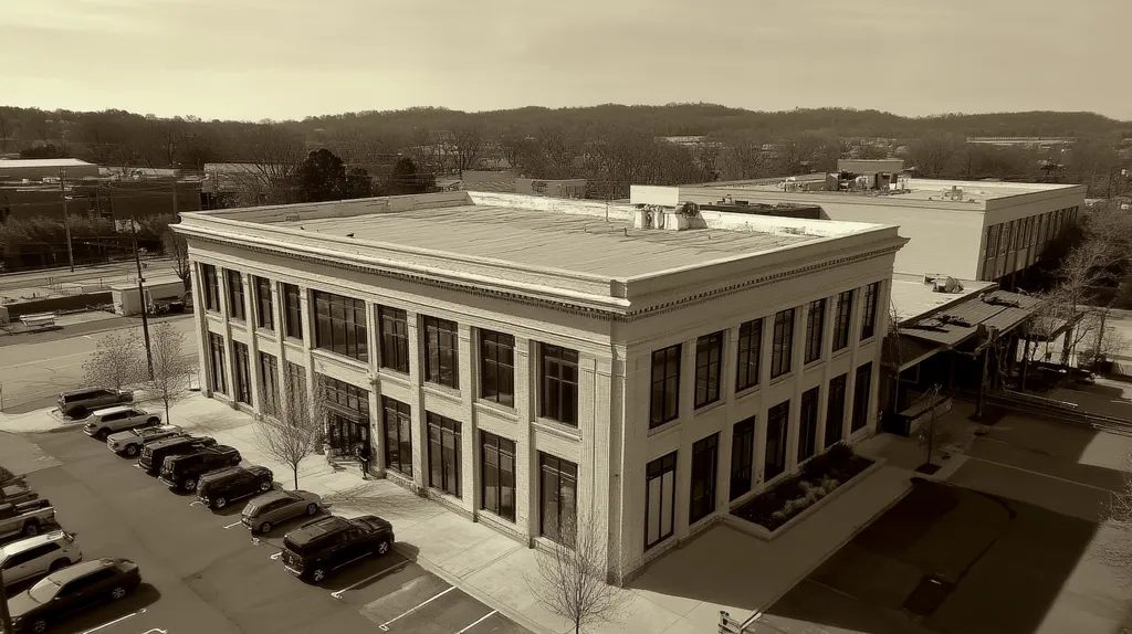 A commercial roof on a mid-rise in a location similar to Nashville with a tintype aesthetic (AI image)